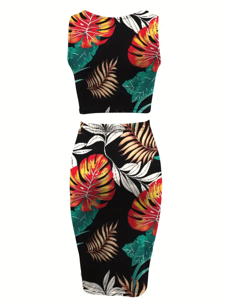 Tropical Print Vacation Two-piece Set, Sleeveless Tank Top & Bag Hip Midi Skirts Outfits, Women's Clothing