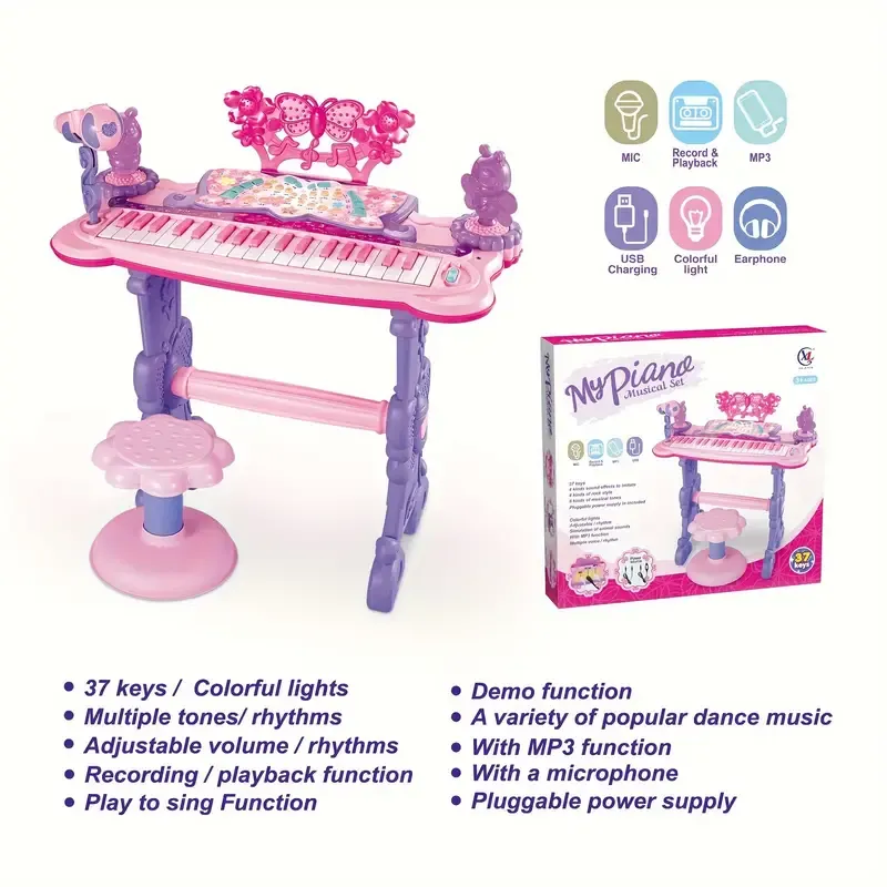 Pink Electronic Keyboard Toy For Girls With Stand