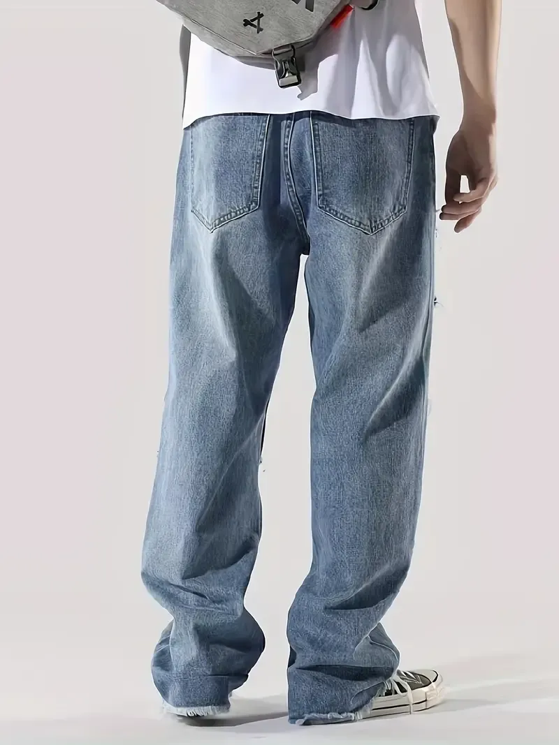 Loose Fit Men's Casual Denim Pants, Chic Street Style Patchwork Jeans K-pop