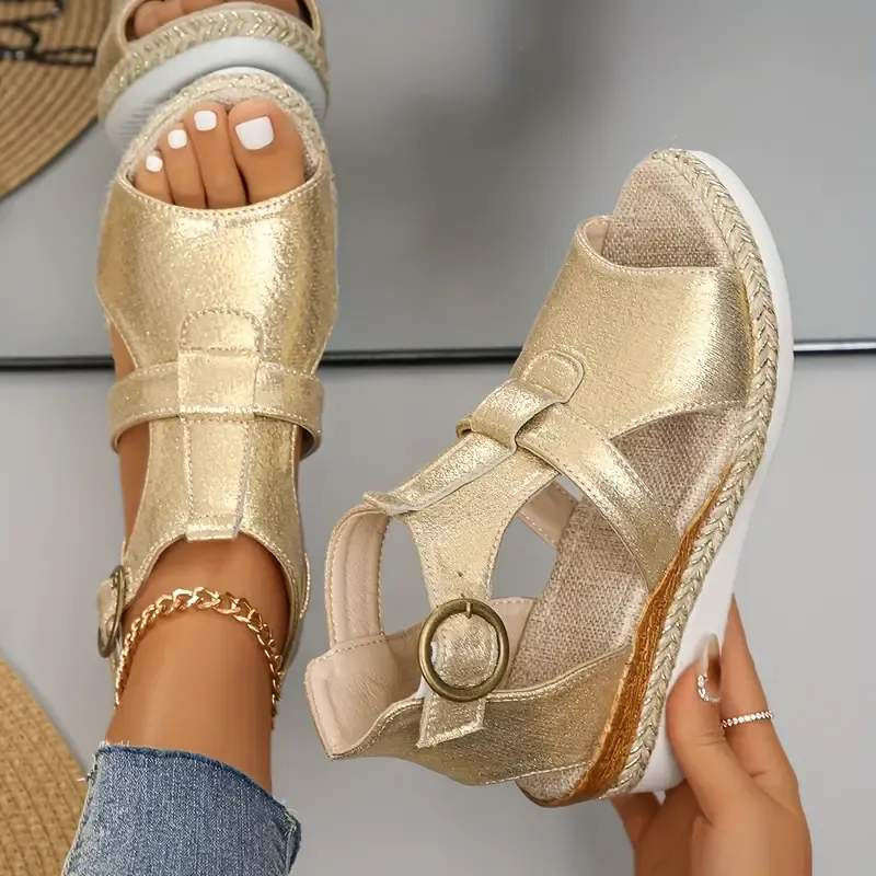 Women's Wedge Heeled Sandals, Casual Open Toe Platform Sandals, Comfortable Buckle Strap Sandals