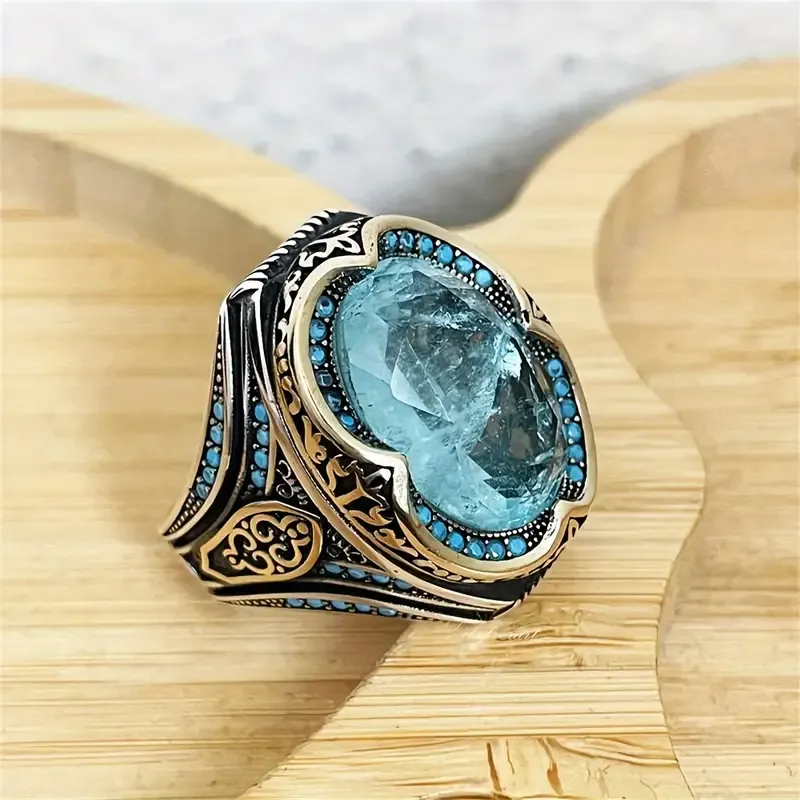 Handcrafted Vintage Turkish Blue Cubic Zirconia Ring, Antique Silvery Finish, Fashionable Islamic Jewelry