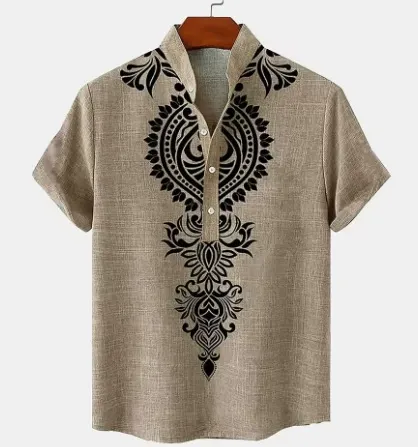 Men's shirt digital 3D printed linen short-sleeved summer retro fashion short-sleeved shirt