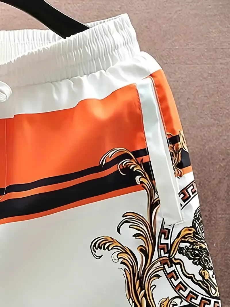 Men's shorts Summer trend European print straight leg casual quarter pants trend ice silk beach pants loose pants