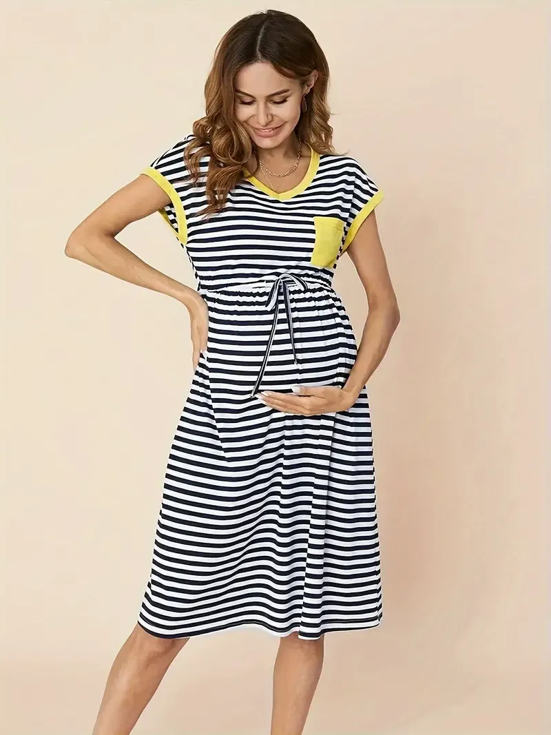🔥🔥Hot Sale Promotion -Women's Striped Nursing Dress With Contrast Color Design, Casual Pregnancy Wear, Gender Reveal