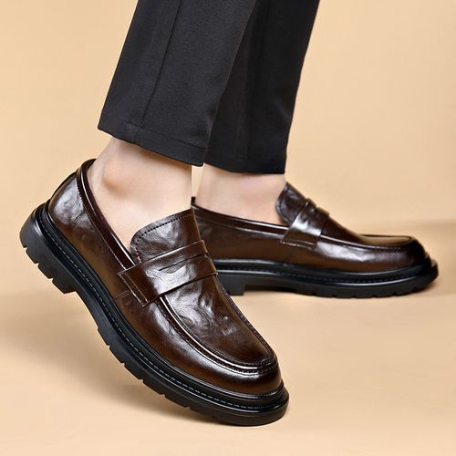 New men's leather shoes, slip-on style, business shoes, wedding shoes, interview shoes, no laces, thick-soled, British casual shoes