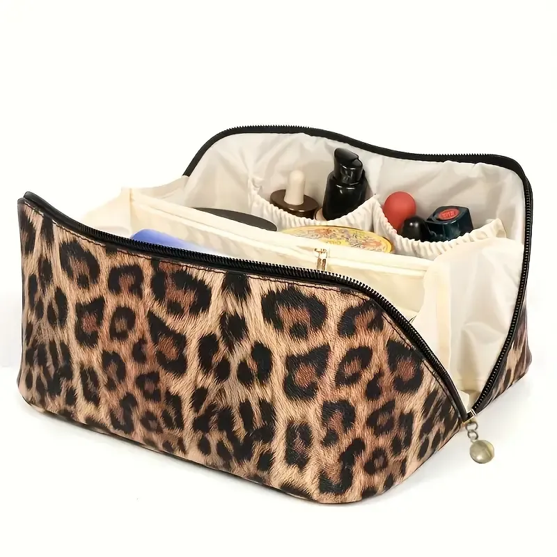 Stylish Leopard Pattern Zipper Makeup Bag, Lightweight Carry On Bag, Versatile Toiletry Wash Bag