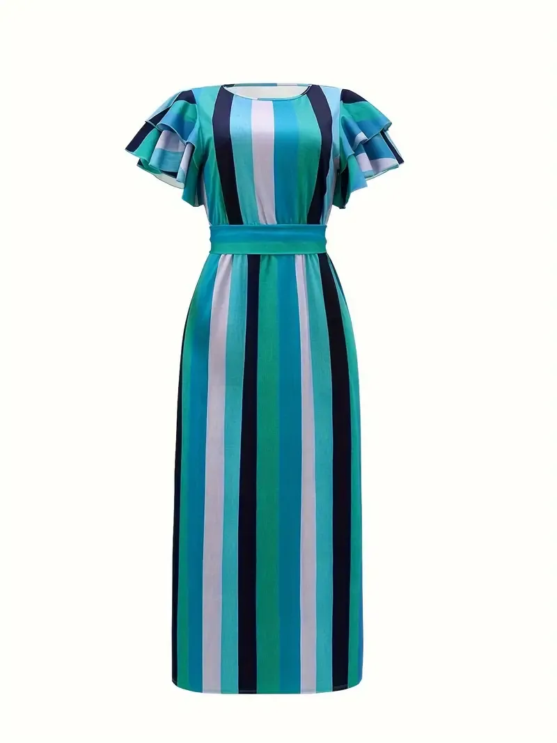 For Spring & Summer, Cinched Waist A-line Maxi Striped Crew Neck Dress, Elegant Ruffle Sleeve Women's Clothing