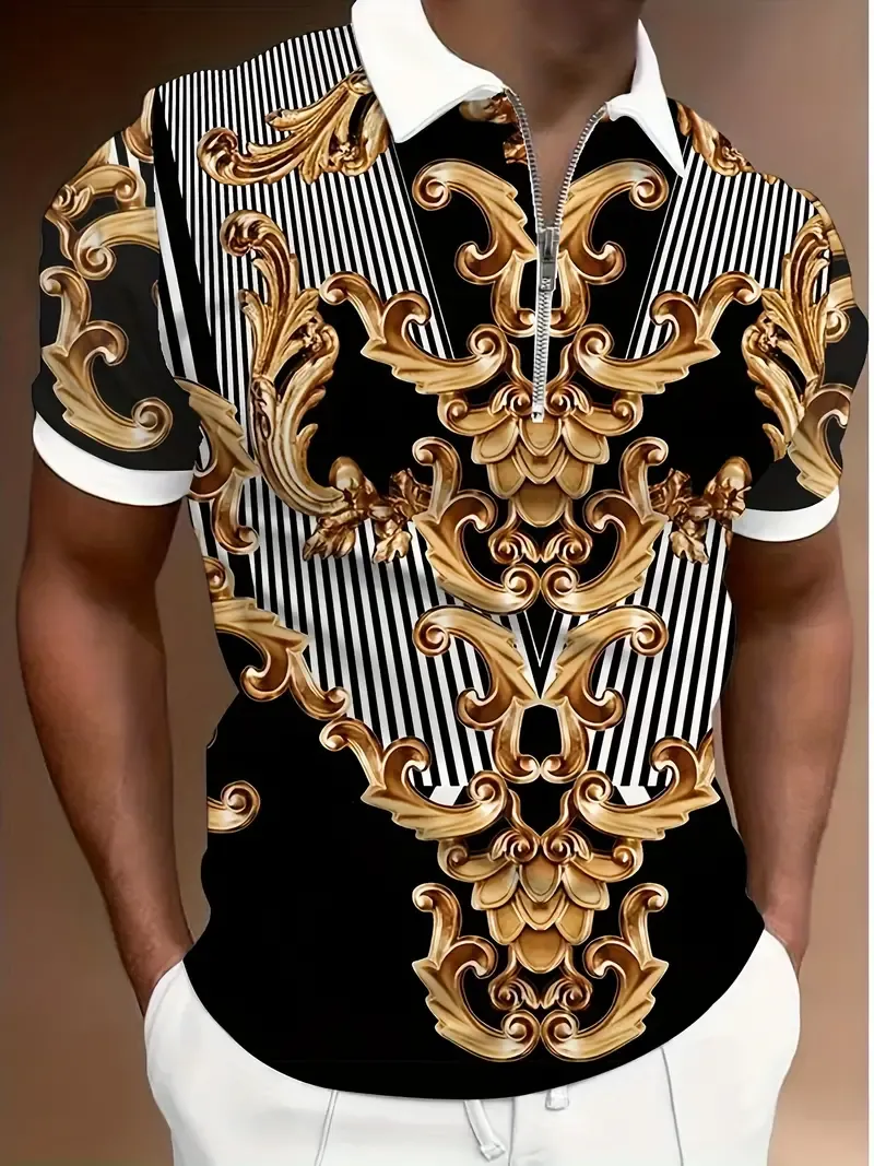 Men's Retro Baroque Print Golf T-Shirt, Short Sleeve Tee For Summer, Casual Trendy Top For Males, Vacation And Leisure Wear