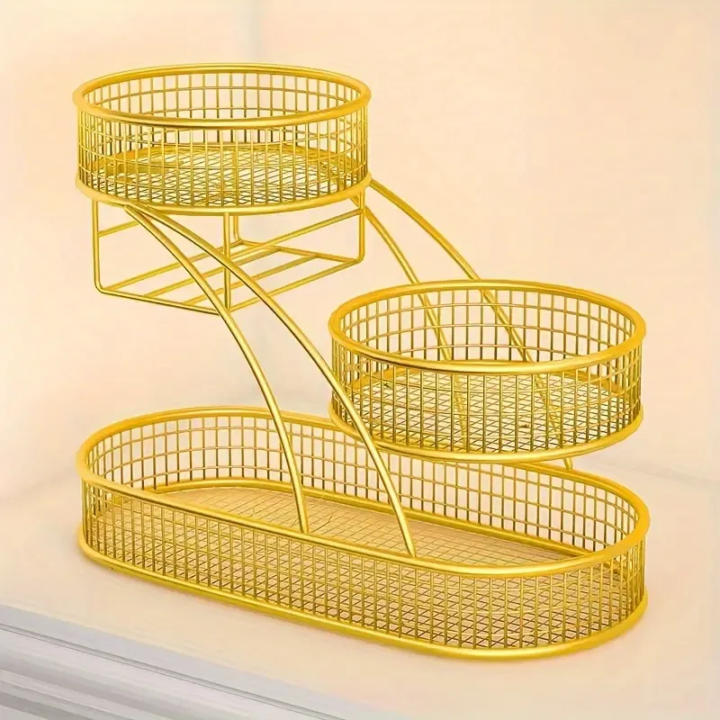 Tier Oval Iron Fruit Basket Stand for Kitchen and Living Room, Countertop Lacquered Multi-Level Storage Organizer for Snacks and Dry Fruits, Luxury Decorative Display Rack