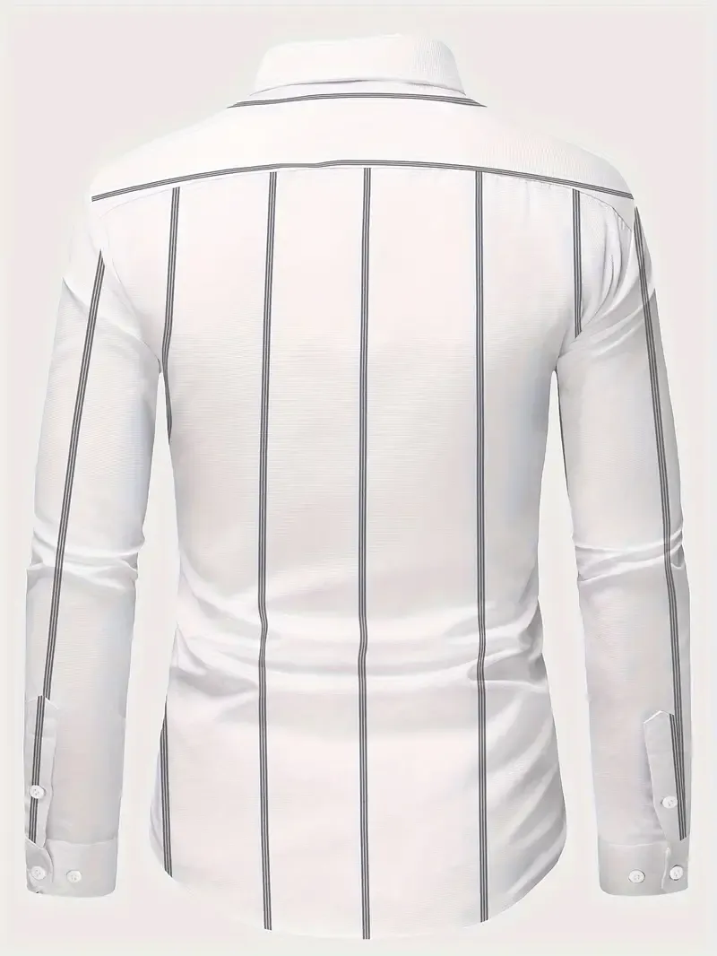 Men's Elegant Striped Tuxedo Dress Shirt - Polyester 100%, Sophisticated Mature Style with Lapel Collar, Button Detailing, Slight Stretch, Skinny Fit, Woven, Versatile for All Seasons