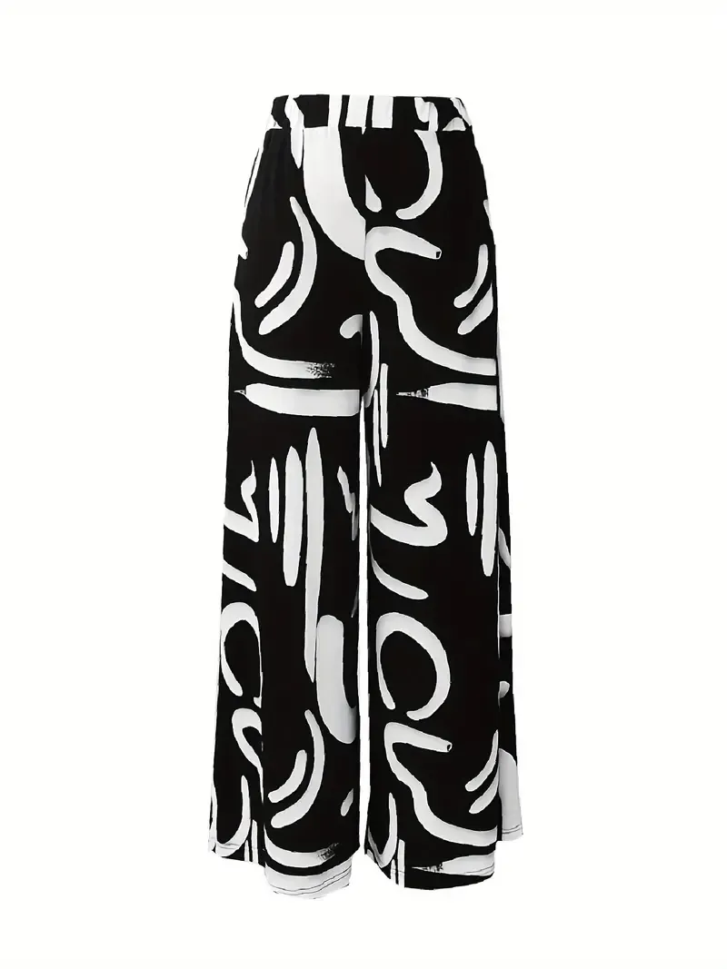 Wide Leg High Waist Brush Print Pants, Casual Loose Pants For Spring & Summer, Women's Clothing