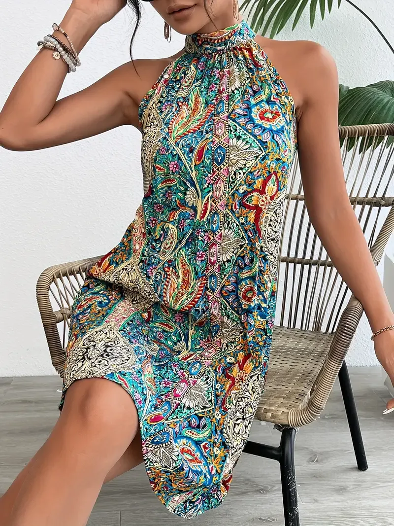 Floral Print Pleated Dress, Elegant Sleeveless Dress For Summer, Women's Clothing