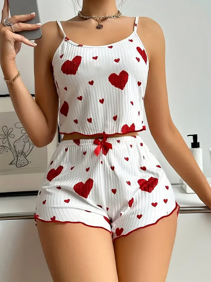 Heart Print Cute Casual Shorts Set, Cami Top & Bow Decor Elastic Waist Shorts Outfits For Summer, Women's Clothing