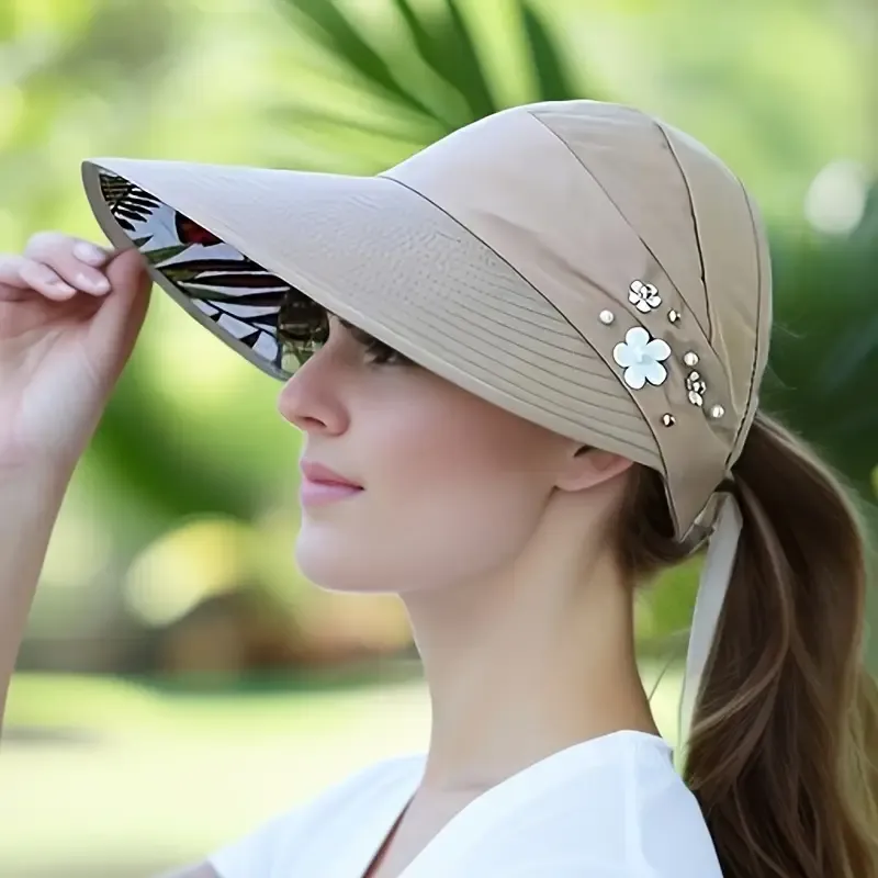 Beaded Flower Decor Visor Hats Trendy Solid Color Summer Sun Hat Foldable UV Protection Visors For Women daily uses Outdoor