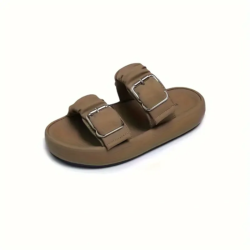 Women's Double Buckle Strap Design Slide Sandals, Casual Open Toe Summer Shoes, Comfortable Slip On Shoes