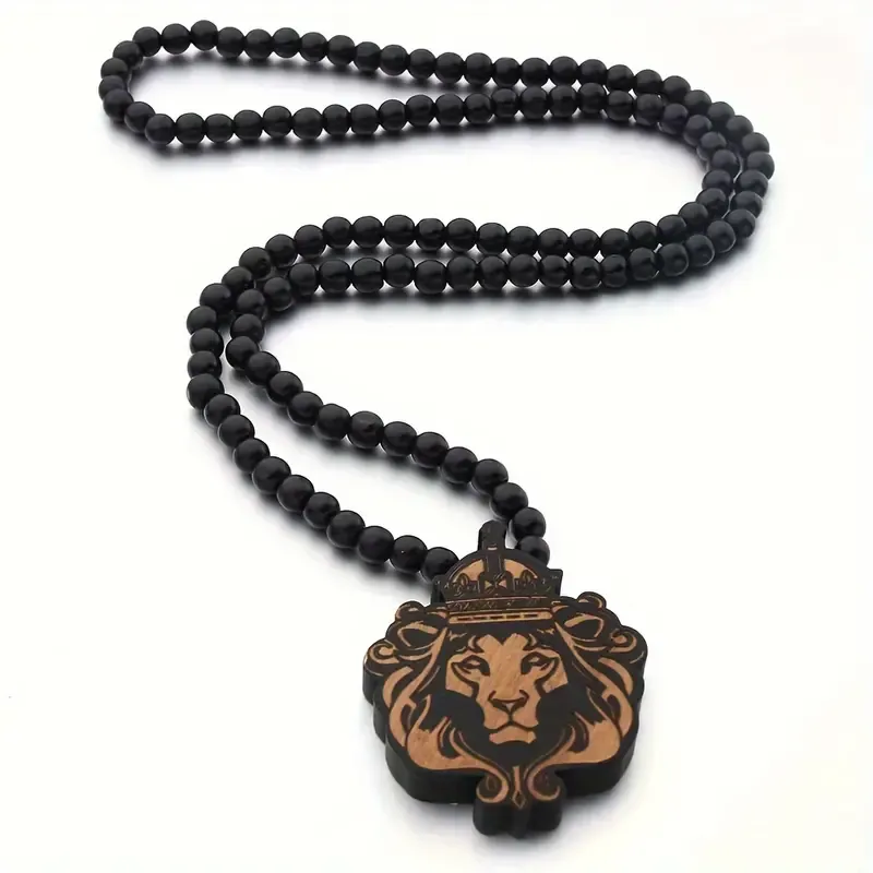 Cool Wood Lion King Beaded Chain Necklace, With Laser Carved Natural Wooden Pendant, Hip-hop Collar Accessories Awesome Gift