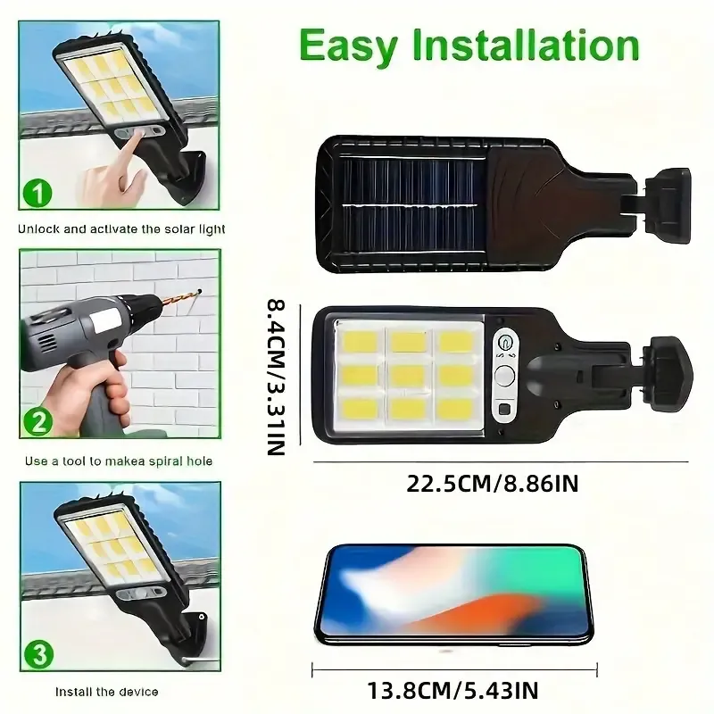 1pcs Outdoor Solar 108COB Sensor Street Lamp, Human Induction Light with Remote Control, IP65 Waterproof 3 Light Modes, Security Light, for Garden Patio Path Exterior Wall Porch Street Lighting
