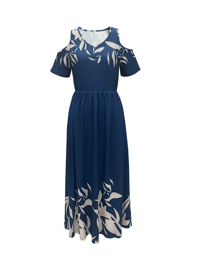 Loose Maxi Plant Print Cold Shoulder Dress with Pocket, V Neck Short Sleeve Vacation Dress for Spring & Summer, Women's Clothing