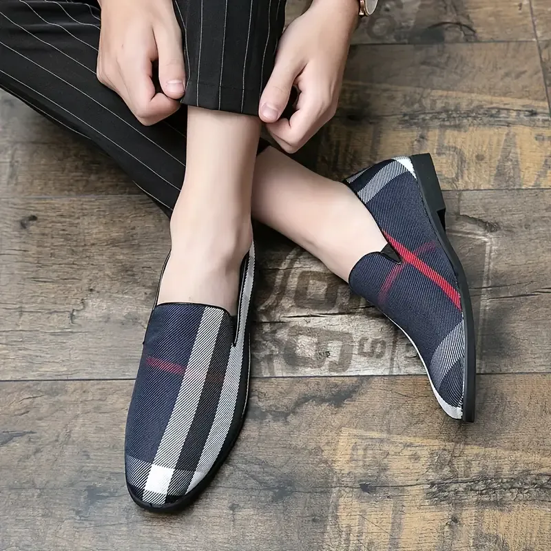 Men's Casual Striped Loafer Shoes - Fashionable One-Piece Slip-On with Round Toe, Low-Profile, PU Leather, Rubber Sole, Ideal for Daily and Leisure Wear, Unisex Adult