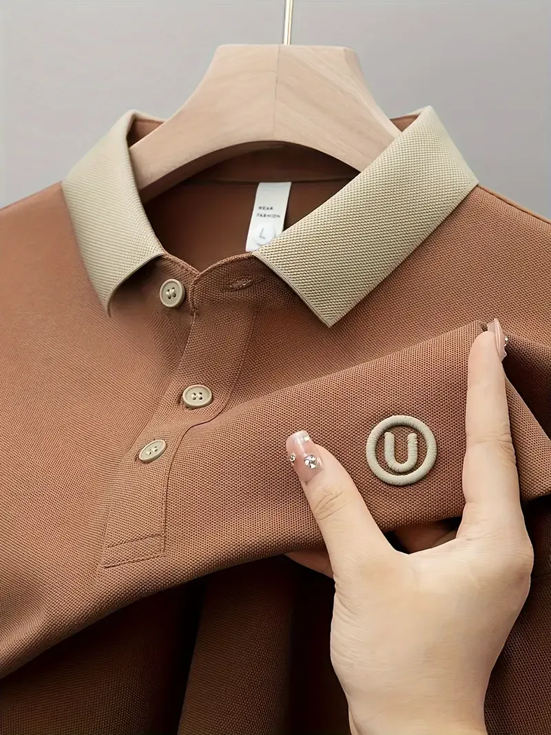 Men's Golf Shirt With Embroidered Design, Casual Slightly Stretch Button Up Golf Shirt, Men's Clothing For Summer Outdoor