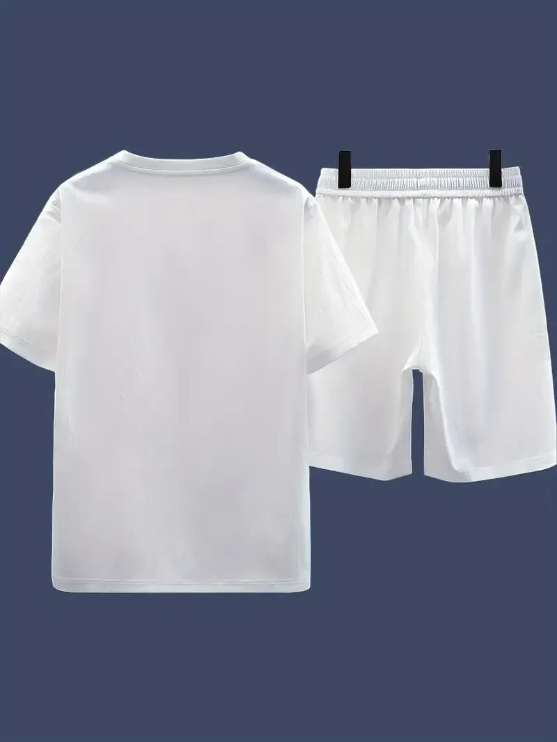 2pcs, Men's Mountains And Trees Print Outfit, T-shirt & Shorts Set, Men's Clothes For Summer