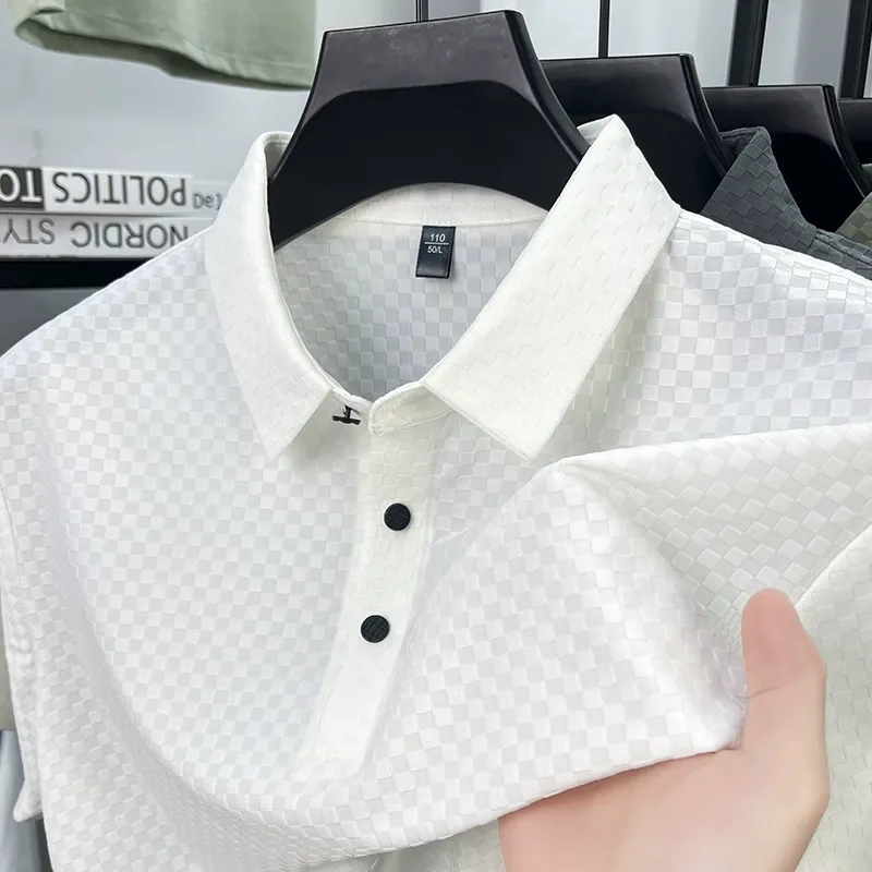 Summer new men's T-shirt with a lapel, breathable, thin jacquard check, cool feel, Polo ice silk short-sleeved men's T-shirt