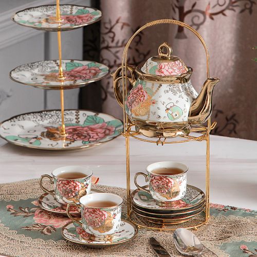 Deluxe Floral Ceramic Tea Set with Golden Stand - 13-Piece Hand-Painted Tea Service for 6, Includes Cups, Saucers, Spoons, Teapot - BPA Free, Hand Wash Only, Leak Proof, Insulated for Mother's Day, Thanksgiving, Elegant Gifting