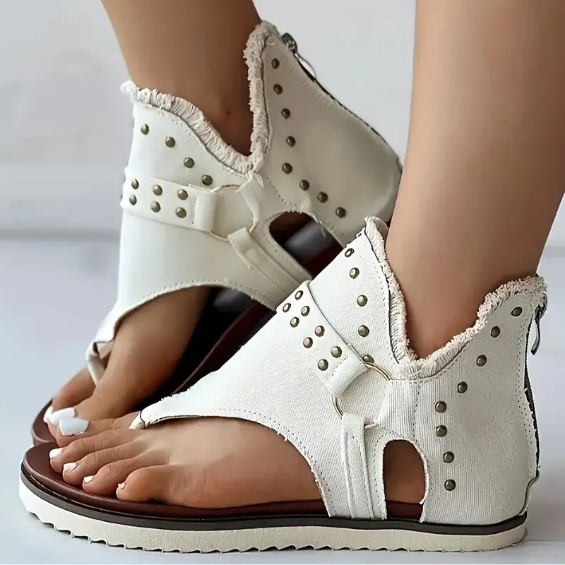 Comfortable Women's Metal Beads Decor Flat Casual Clip Toe Sandals with Back Zipper