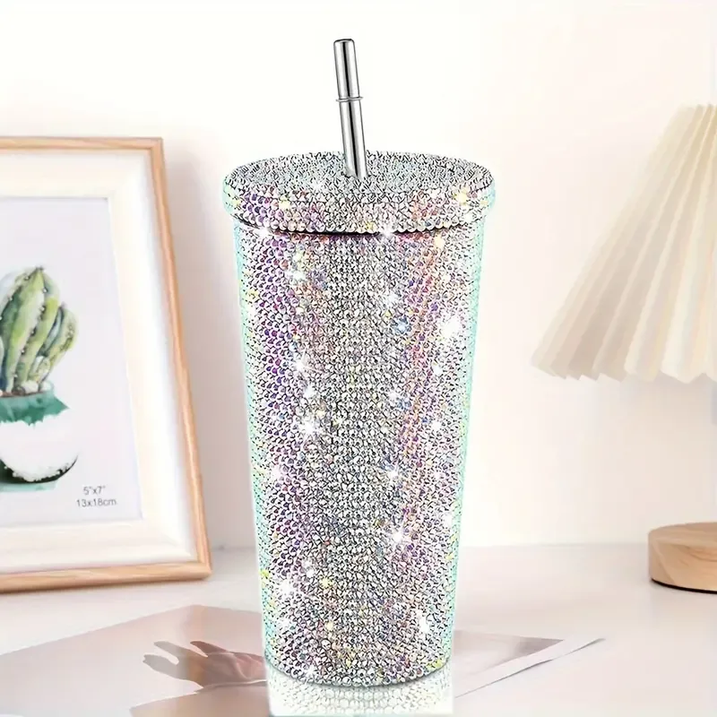 Luxury Rhinestone-Embellished Stainless Steel Tumbler - Insulated & Leakproof With Lid For Hot And Cold Drinks, Perfect For Outdoor Activities