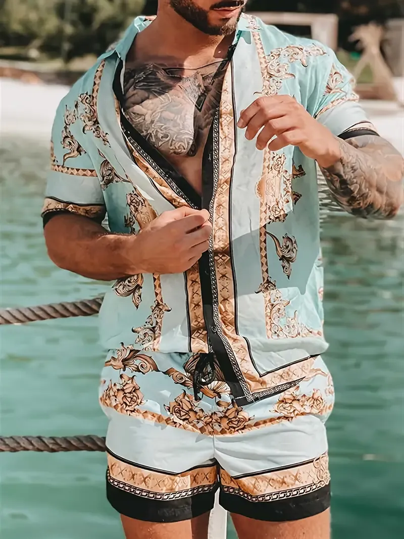 2-piece Men's Vintage Golden Floral Print Summer Vacation Outfit Set, Men's Color Block Short Sleeve Lapel Shirt & Drawstring Shorts Set