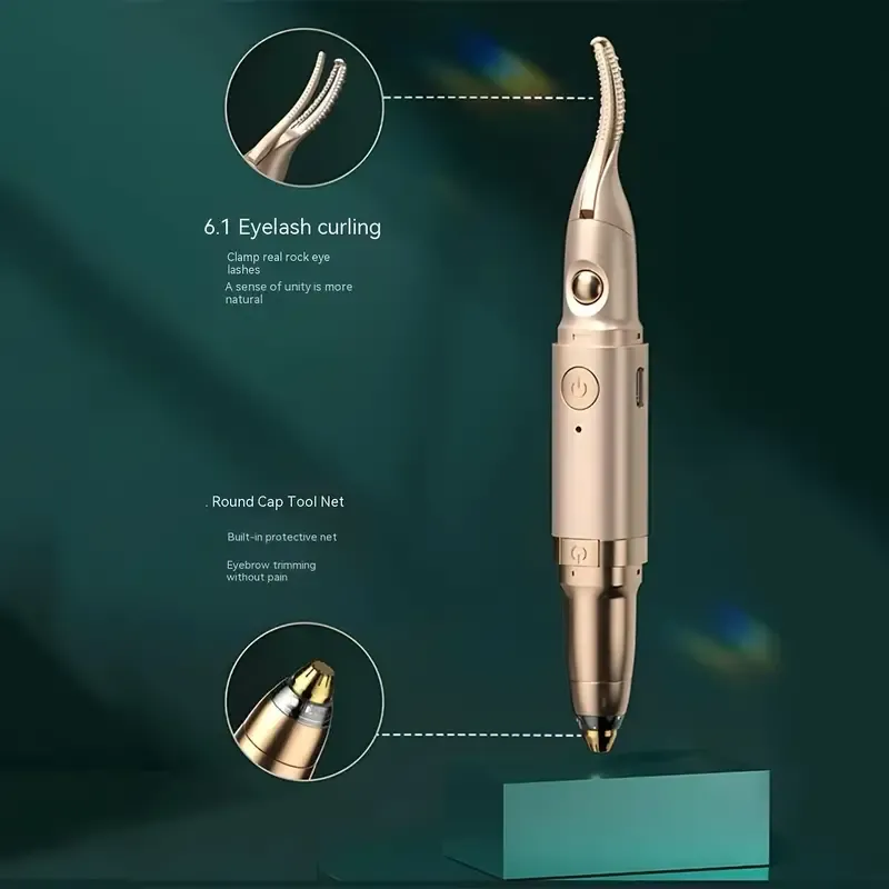 2-in-1 Heated Portable Lipstick-Shaped Eyelash Curler and Electric Eyebrow Trimmer, Multi-Functional Eye Makeup Tool with Heat, Brow Shaper, Nose Hair Trimmer, Dual-Purpose Beauty Instrument