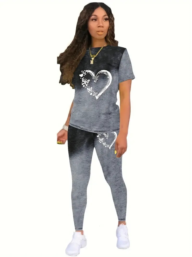 Casual Heart Print Two-piece, Crew Neck Short Sleeve T-shirt & Skinny Leggings Outfits, Women's Clothing