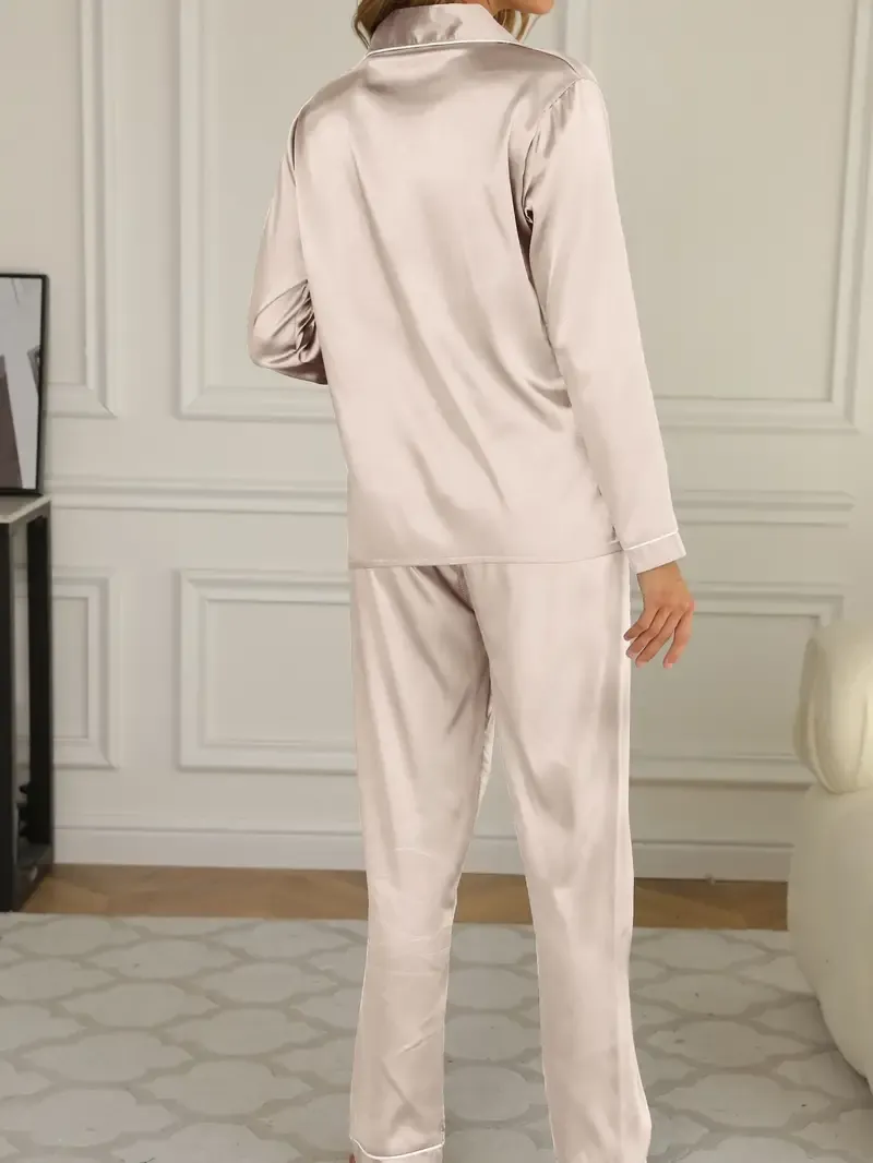 Solid Pajama Set, Long Sleeve Button Up Lapel Top & Pants Pj Set, Women's Sleepwear & Loungewear