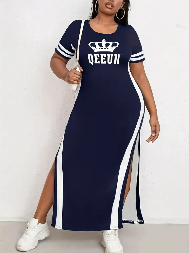 Plus Size Glamorous Crown & Letter Print Dress with Flirty Slit