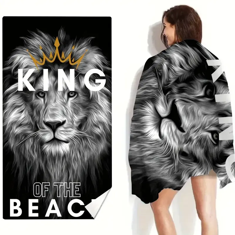 1pc Large Lion & Letter Print Beach Towel - Soft, Absorbent Microfiber for Sunscreen Protection - Perfect Beach Accessory and Holiday Gift