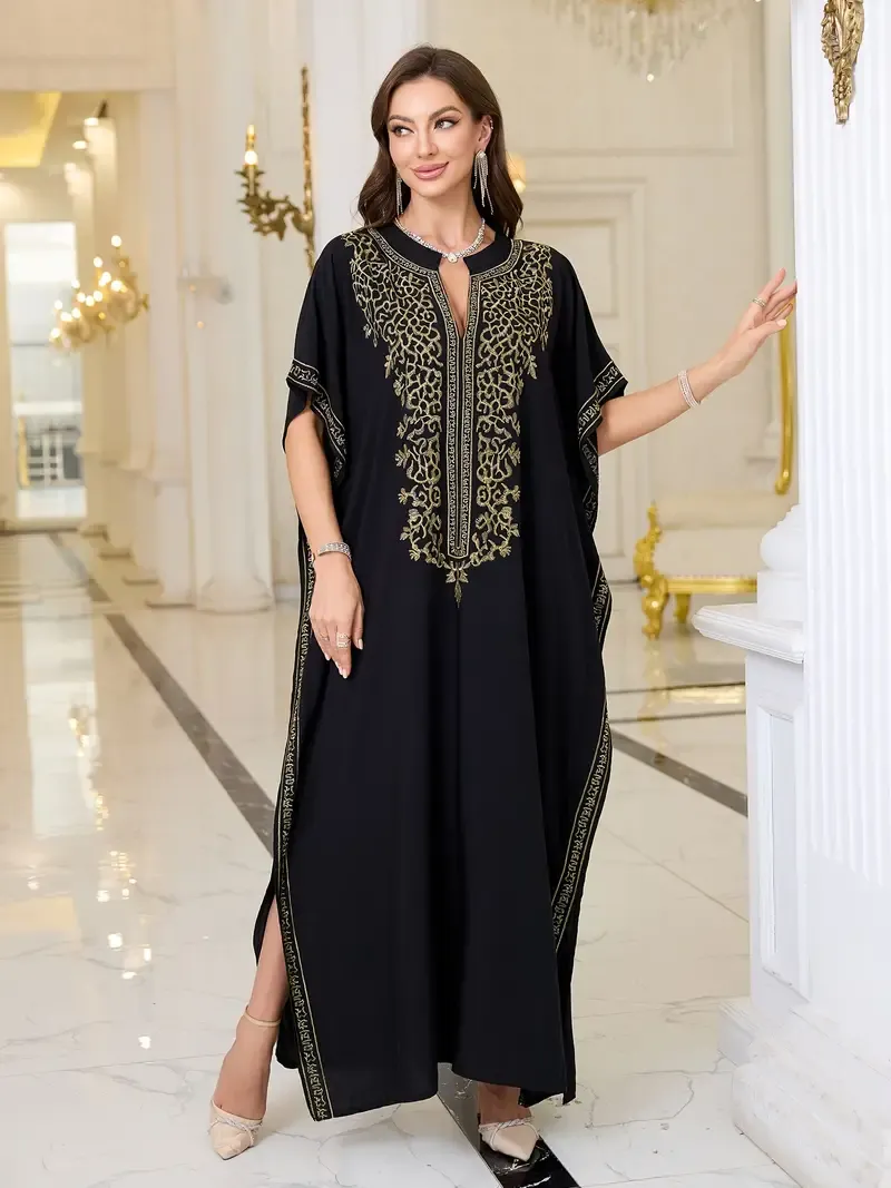 Elegant Boho Kaftan Dress - Embroidered, V-Neck with Batwing Sleeves & Side Slits | Comfortable Beach Cover-Up for Women