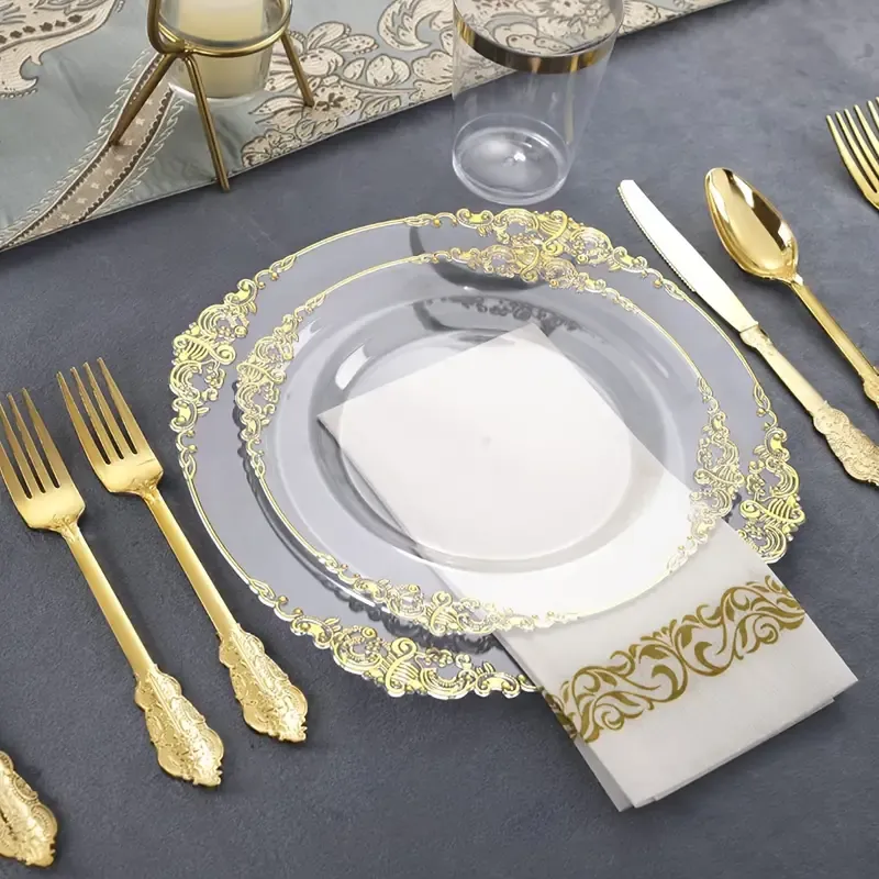 🔥🔥Hot Sale Promotion -70pcs, Elegant Golden Disposable Dinnerware Set For 10 Guests - Includes 10 Dessert Plates, 10 Salad Plates, 10 Napkins, 10 Cups, & 30 Cutlery (Forks, Knives, Spoons) - Perfect For Wedding Anniversary, Holiday Parties