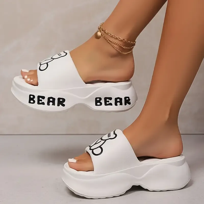 Letter & Cute Bear EVA Sandals, Women's Platform Soft Sole Home Walking Slides, Wear-resistant Holiday Slides