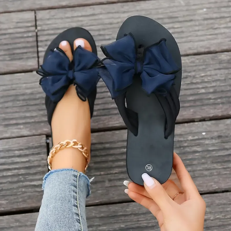 Women's Fashion Platform Flip-Flops With Bow Detail, Summer Trendy Non-Slip Indoor & Outdoor Elevated Beach Slides Vacation Travel Essential