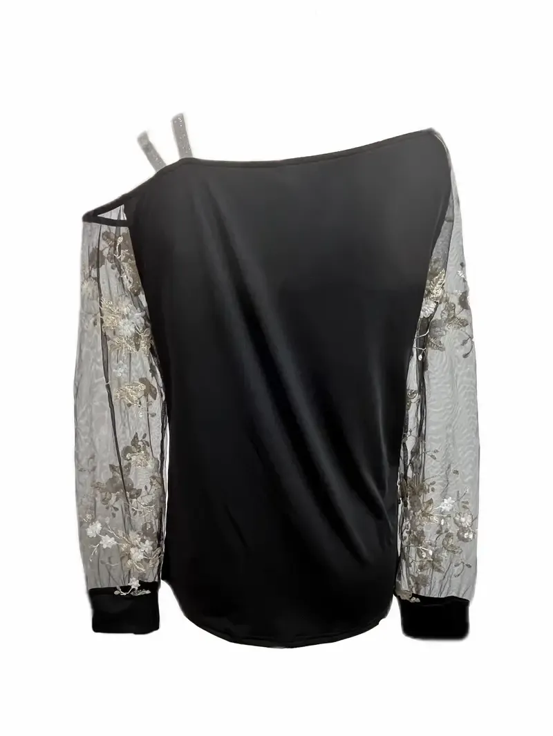 Elegant Floral Embroidered Asymmetric Neck T-Shirt