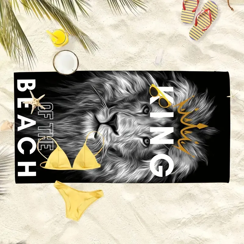 1pc Large Lion & Letter Print Beach Towel - Soft, Absorbent Microfiber for Sunscreen Protection - Perfect Beach Accessory and Holiday Gift