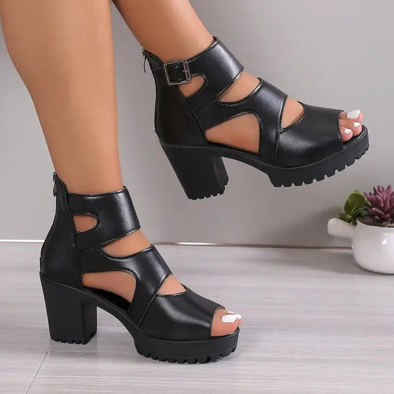 Women's Solid Color Block Heeled Sandals, Fashion Open Toe Dress Pumps, Stylish Back Zipper Heels