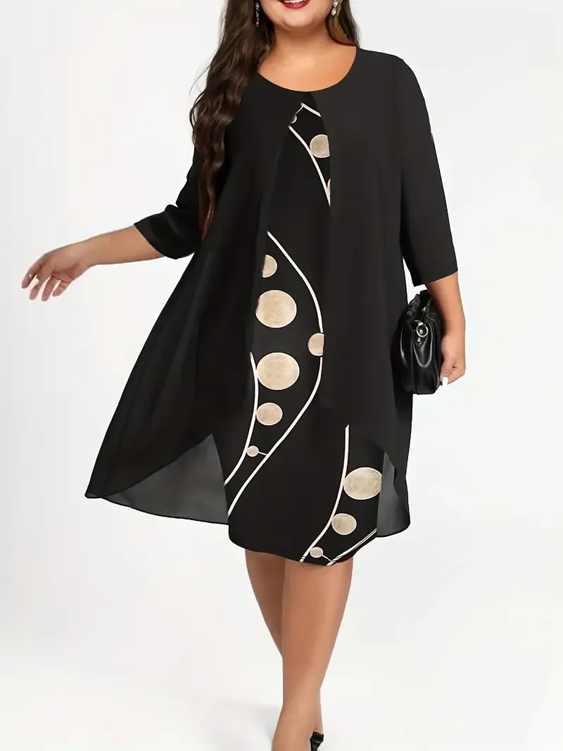 Abstract Print Layered Dress, Elegant Crew Neck Dress, Women's Clothing