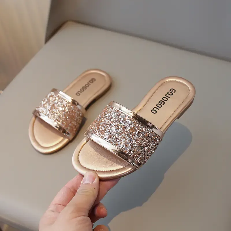 Girls' Sparkly Glitter Sandals, Casual Summer Flat Heel Slip-On Slippers, Simple Anti-Slip Rubber Sole Slide, Princess Shoes Beach Footwear For Kids