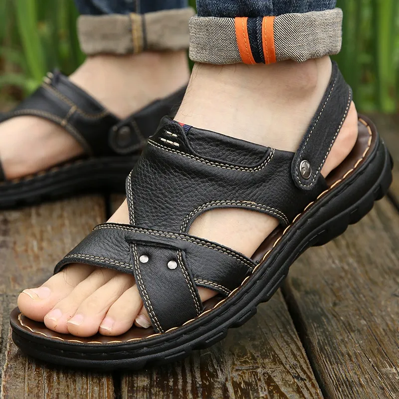 Men's Sandals 2025 Summer Leather Soft-Tread Casual Beach Shoes Anti-Slip Dual-Use Extra Large Size Sandals