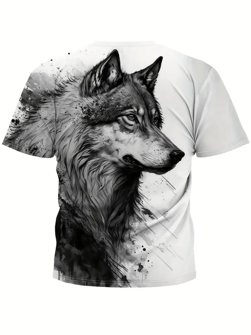 Anime Cool Wolf Digital Print Men's Fashion Short Sleeve Crew Neck T-shirt, Summer Outdoor, As Gifts