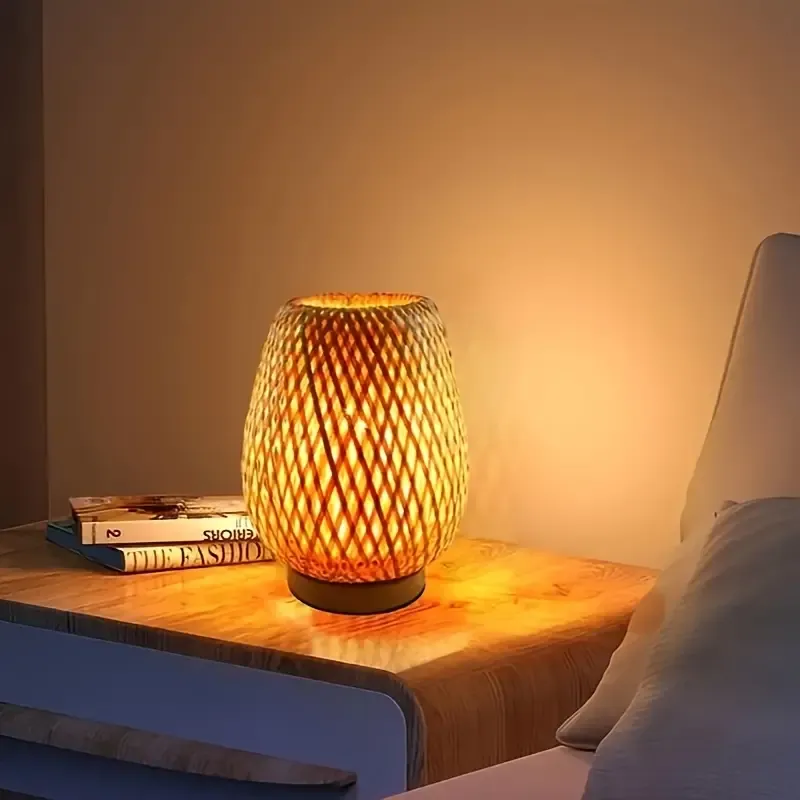 1pc Retro Japanese Style Desk Lamp, Bamboo Woven Desk Lamp, Creative Handmade Rattan, Bedroom, Dining Room, Bedside Desk Lamp, USDLED Desk Lamp, Wooden House Decoration Desk Lamp