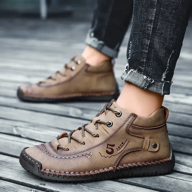 Men's Microfiber Leather Boots, Handmade Stitching Outdoor Casual Shoes