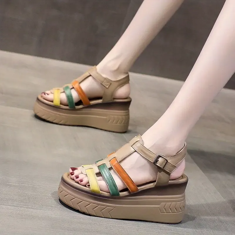 Women's Platform Wedge Sandals, Colorblock Open Toe Ankle Strap Slingback Shoes, Soft Faux Leather Sandals