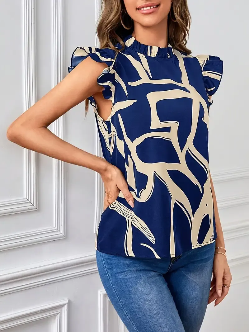Graphic Print Mock Neck Blouse, Elegant Flutter Sleeve Keyhole Back Blouse For Spring & Summer, Women's Clothing